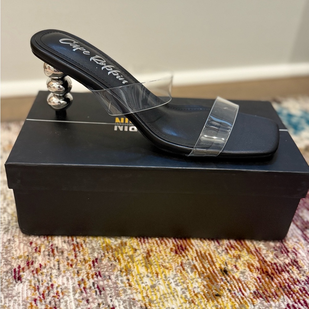 Cape Robbin Clear Strap Heels | Sculptural Metallic Heel | Trendy Statement Mule